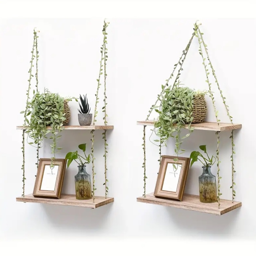 NEW! Two Tier Macramé Wall Decor Shelf with Faux Ivy Crawlers! - Picture 2 of 6